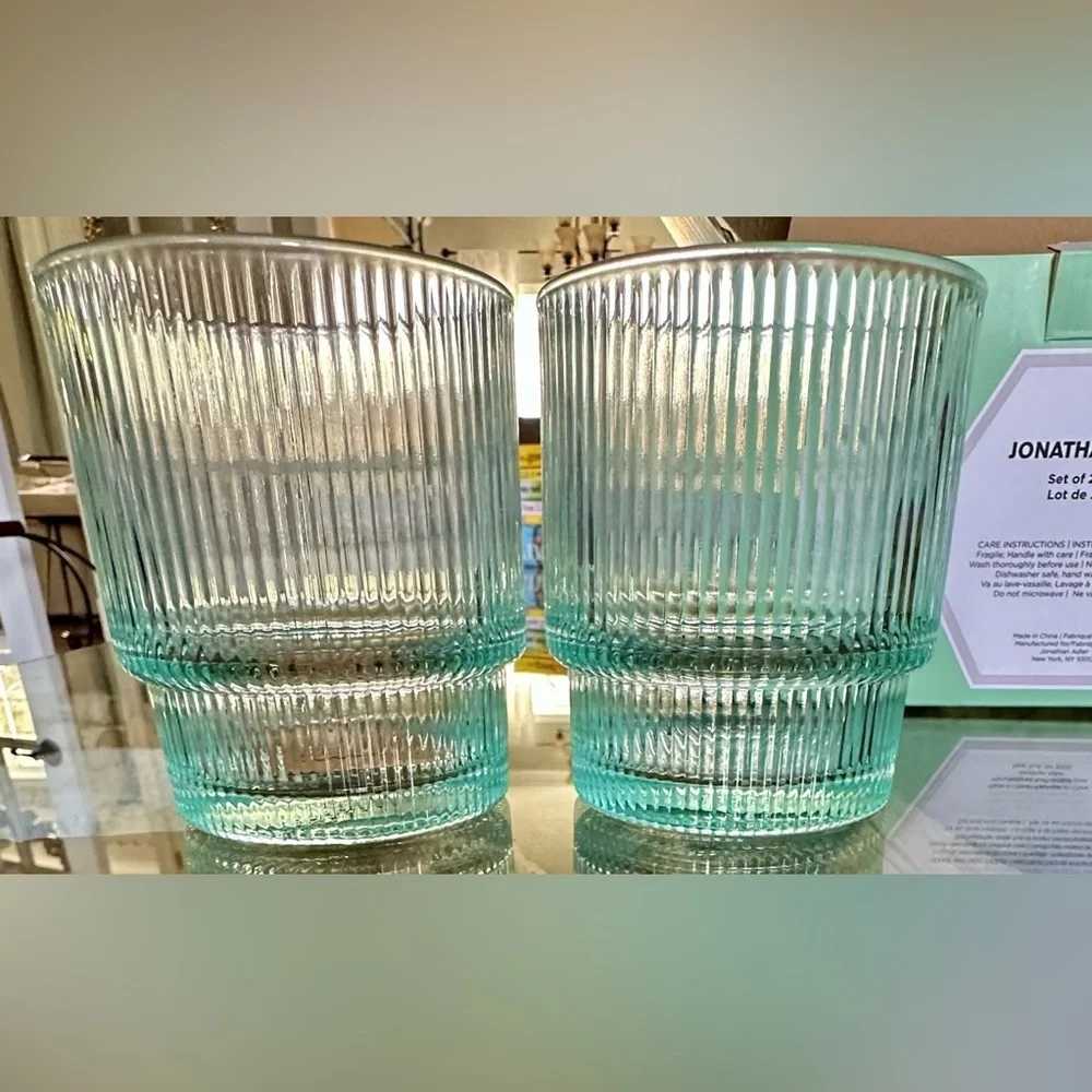 Jonathan Adler BIBA Ribbed Glassware Set of 2 NWT 13oz Aquamarine Glasses $98